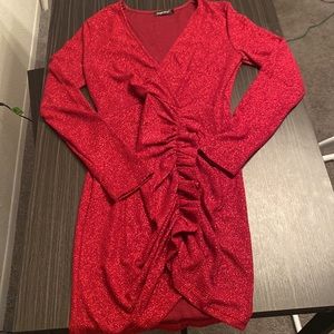 Sparkly red long sleeve body con dress